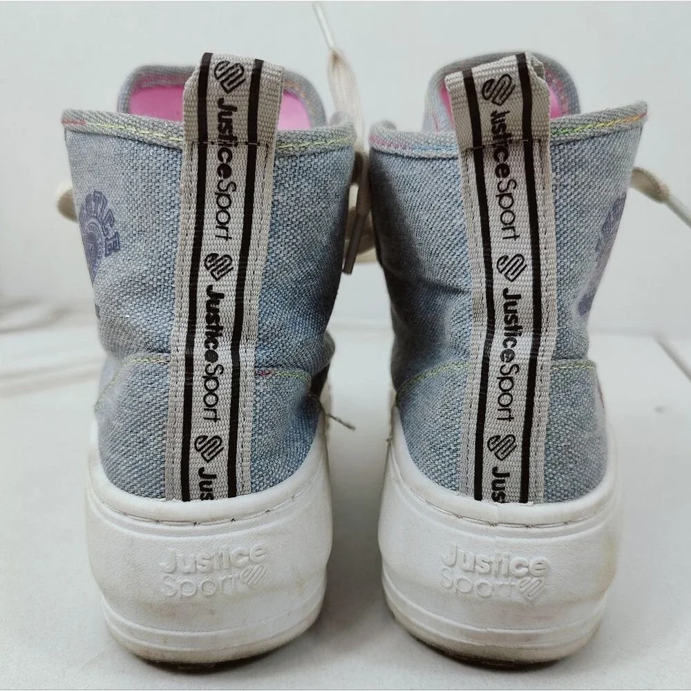 Justice Sport Girls' Sparkly Blue Canvas High Top Platform Sneakers, Sz 2